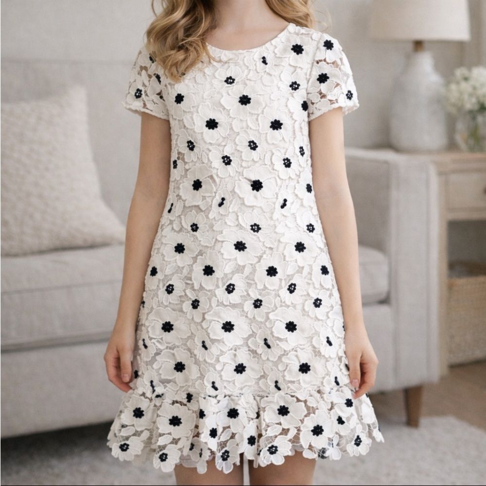 MILLY MINIS Girl's 3D Poppy Floral Lace Mini Dress‎ White & Black Size 16